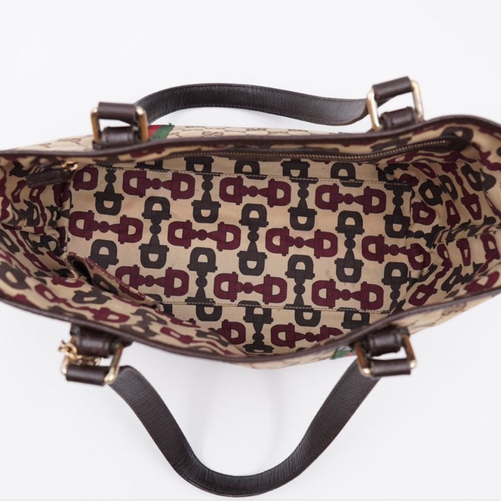 Gucci Beige GG Canvas Tote with Green and Red Web Stripe and Brown Trim - Picture 16 of 16